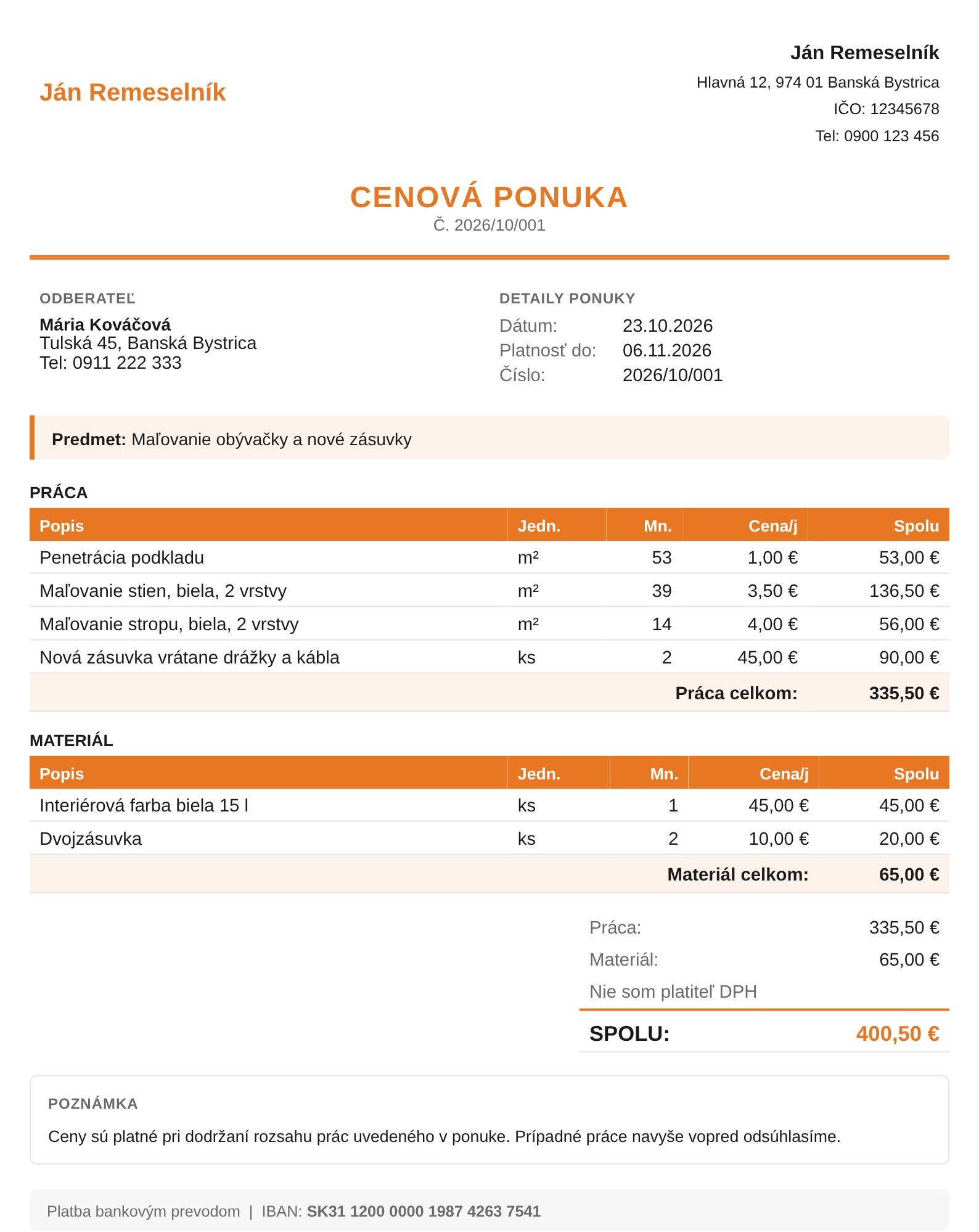 Ukážka PDF cenovej ponuky z appky