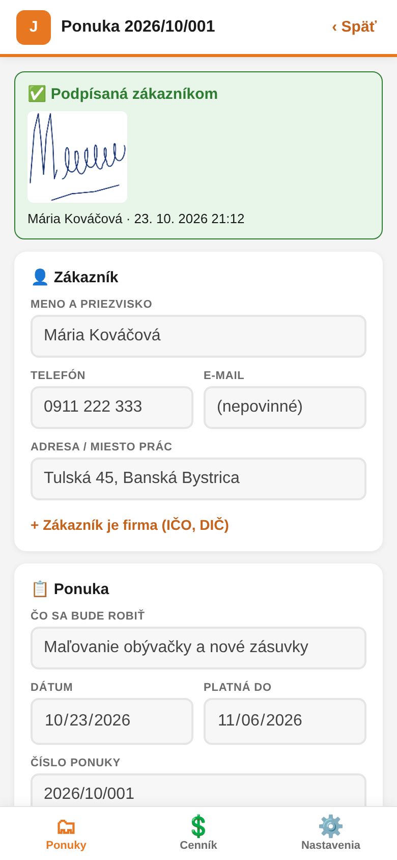 Appka Ponukomat: ponuka podpísaná zákazníkom v mobile